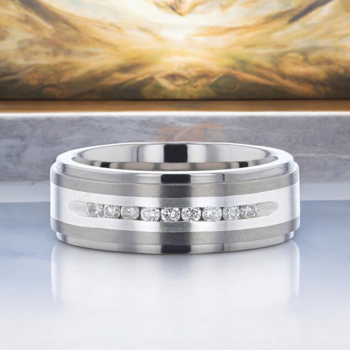 Sleek titanium ring with flat brushed inlay, white diamonds, and comfort-fit design - Aydins Jewelry.