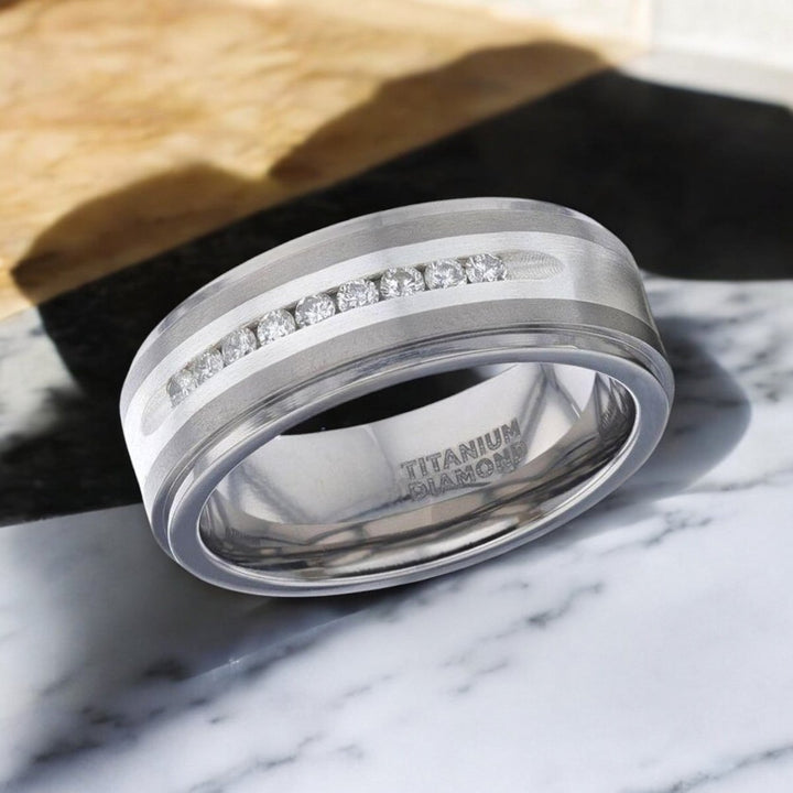 BOND silver titanium wedding band featuring brushed finish and white diamond accents - Aydins Jewelry.