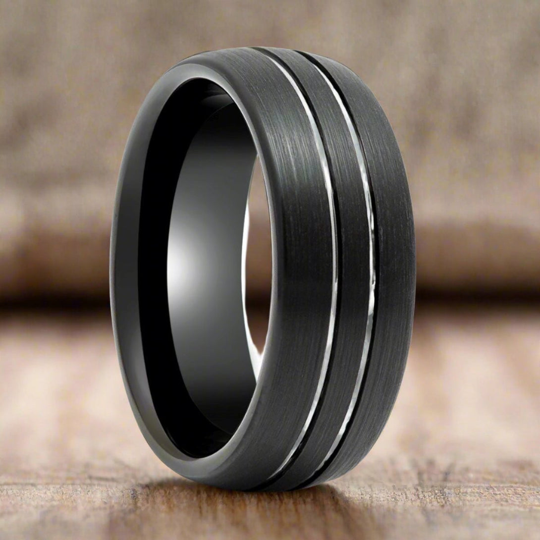 BOSTIN | Black Tungsten Ring with Double Striped Center - Rings - Aydins Jewelry - 3