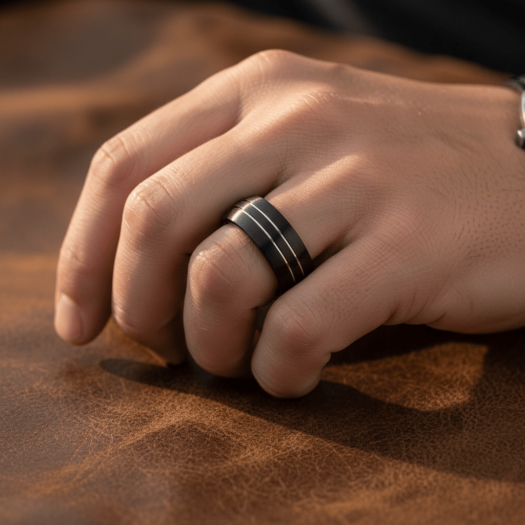 BOSTIN — Lifestyle photo on hand — men's tungsten wedding ring.