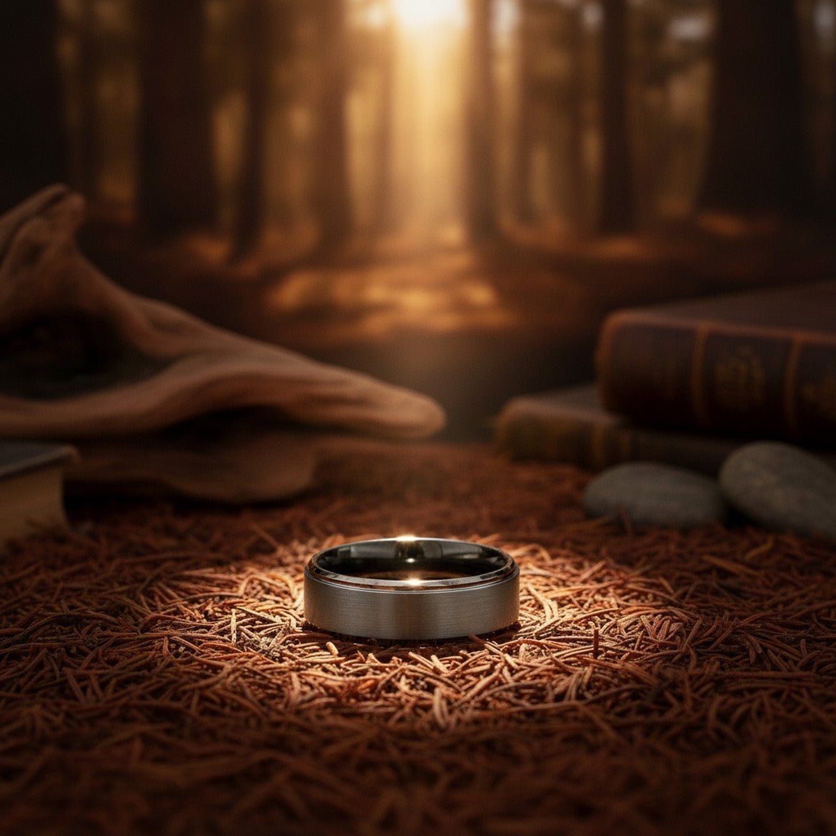 Aydins BOUNCER | Gunmetal Tungsten Brushed Ring lifestyle scene, redwood floor