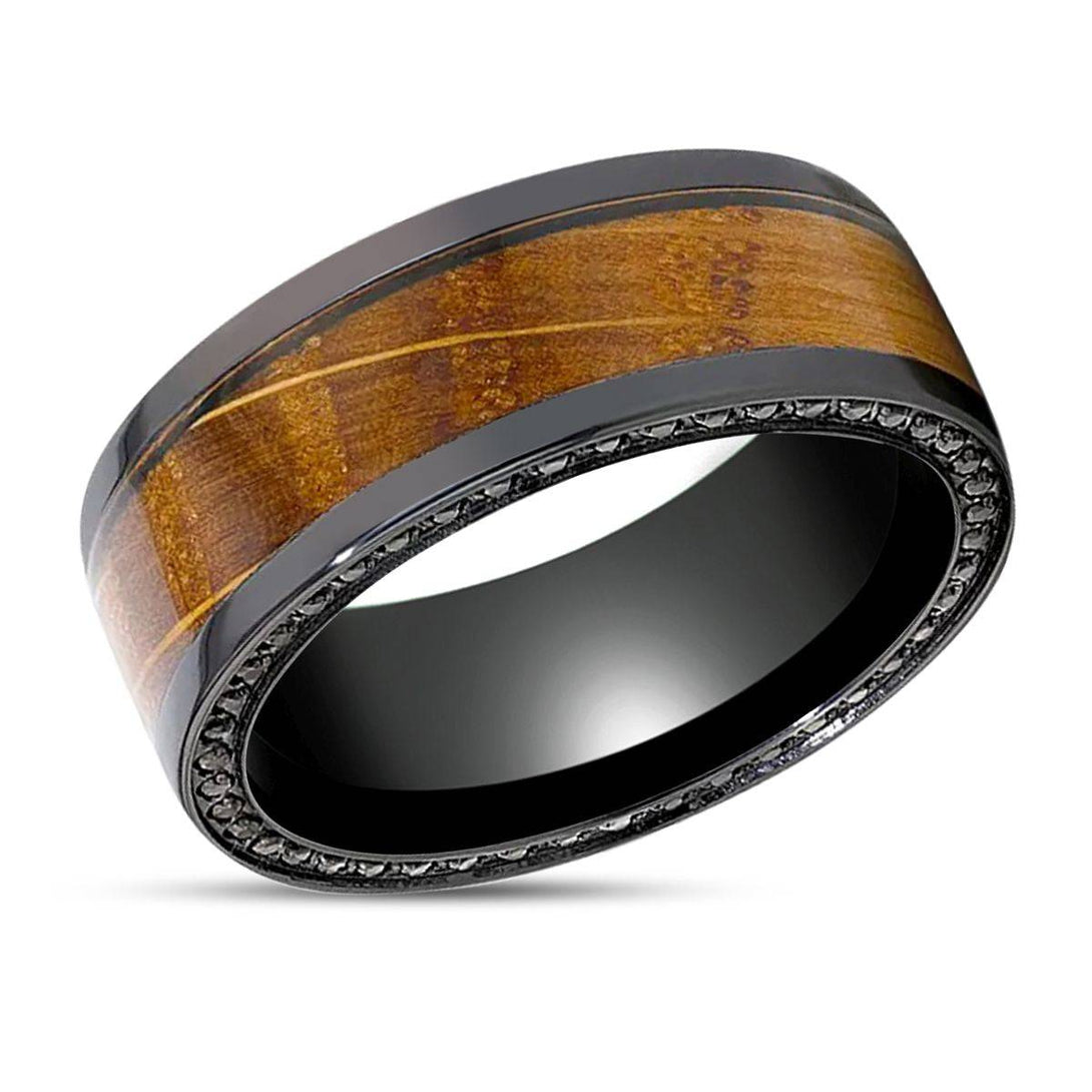 BOURBON | Black Zirconium Ring, Whiskey Barrel Wood Inlay, Black Sapphires - Rings - Aydins Jewelry - 2