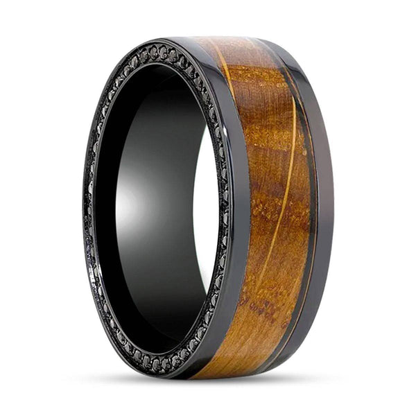BOURBON | Black Zirconium Ring, Whiskey Barrel Wood Inlay, Black Sapphires - Rings - Aydins Jewelry - 1