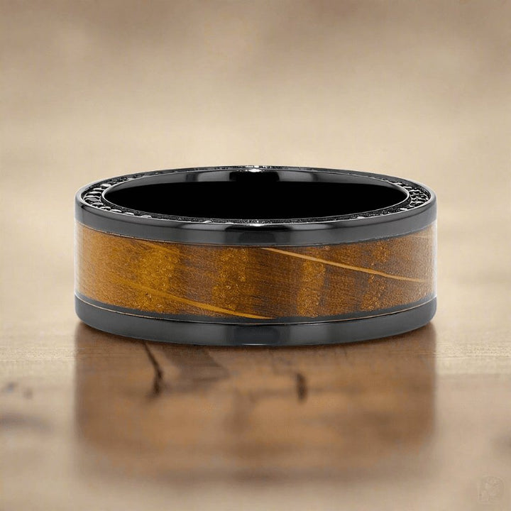 BOURBON | Black Zirconium Ring, Whiskey Barrel Wood Inlay, Black Sapphires - Rings - Aydins Jewelry - 4