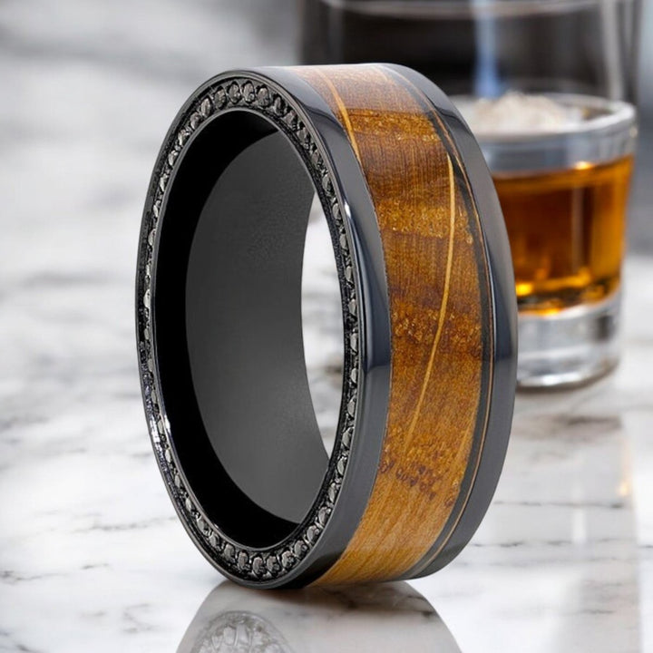 Black Zirconium Ring with Whiskey Barrel Wood Inlay and Black Sapphires