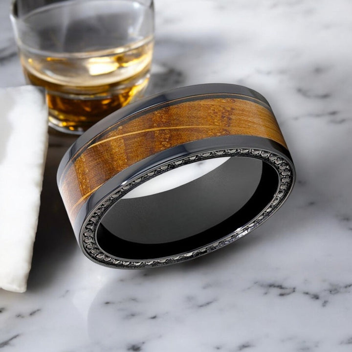 Flat Black Zirconium Ring featuring Whiskey Barrel Wood Inlay and Black Sapphires