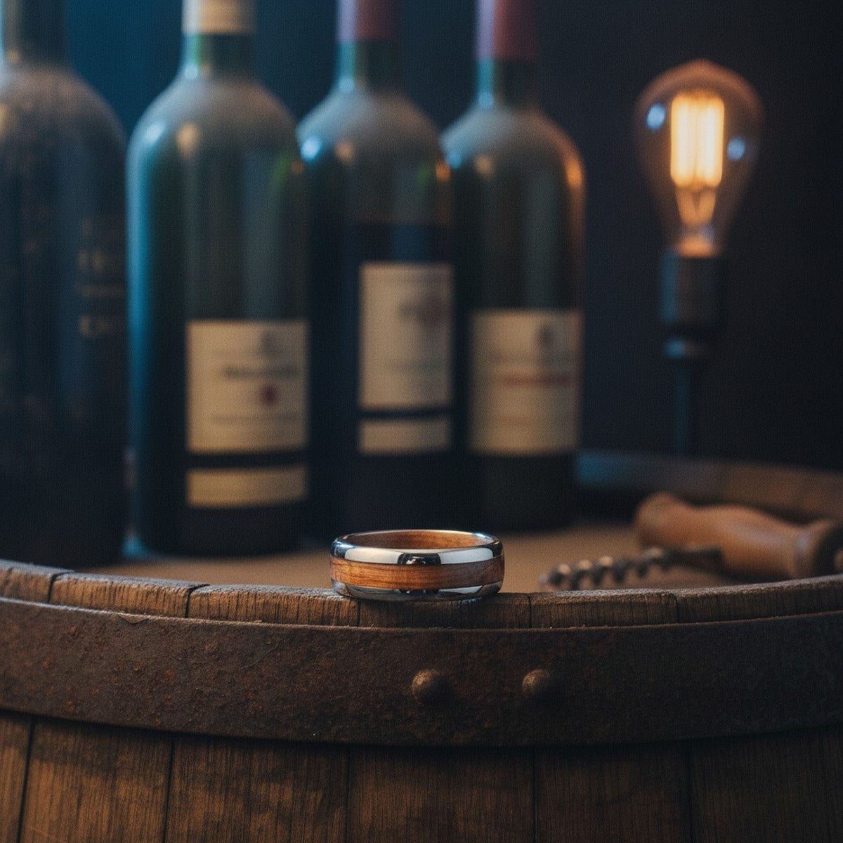 Aydins BRAVERY | Tungsten Whiskey Barrel Wood Inlay Ring lifestyle scene, wine cellar oak