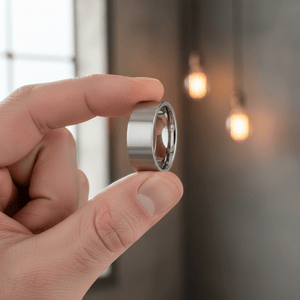 BRAWLER - Held between fingers close-up - men's tungsten wedding ring.