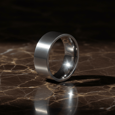 BRAWLER - Luxury 3/4 angle on dark marble - men's tungsten wedding ring.