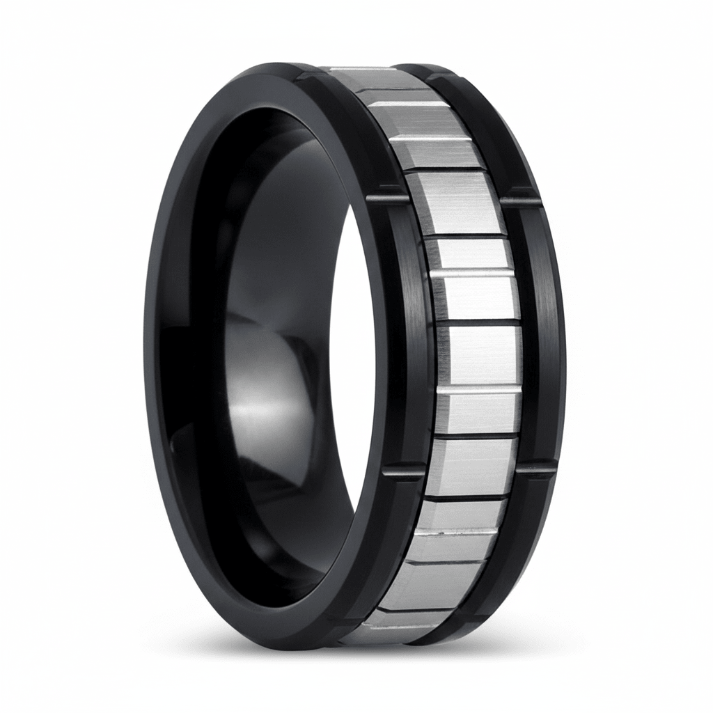 BRICKADE — Hero product shot — men's tungsten wedding ring.