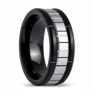 BRICKADE — Hero product shot — men's tungsten wedding ring.