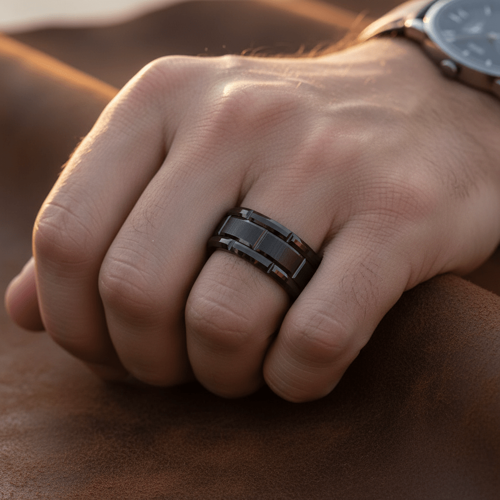 BRICKADE — Lifestyle photo on hand — men's tungsten wedding ring.