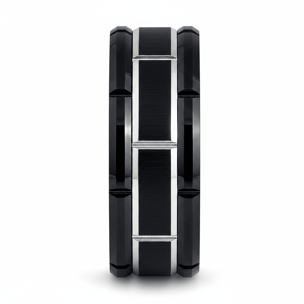 BRICKADE — Front-facing straight-on view — men's tungsten wedding ring.