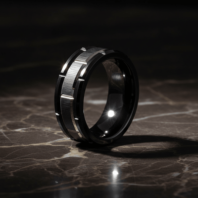 BRICKADE — Luxury 3/4 angle on dark marble — men's tungsten wedding ring.