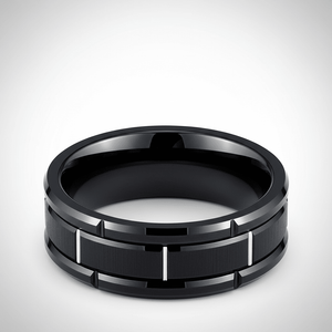BRICKADE — Center-through axial view — men's tungsten wedding ring.