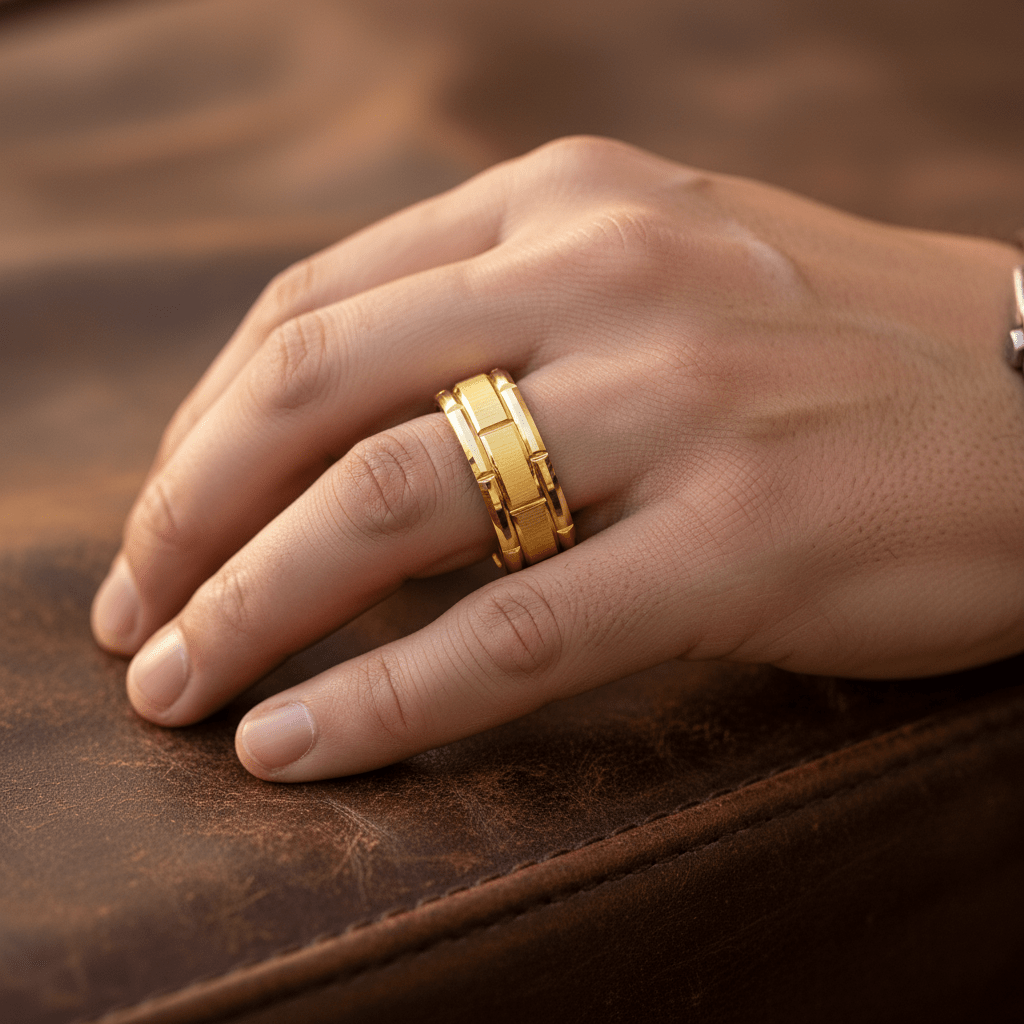 BRICKCRAFT — Lifestyle photo on hand — men's tungsten wedding ring.