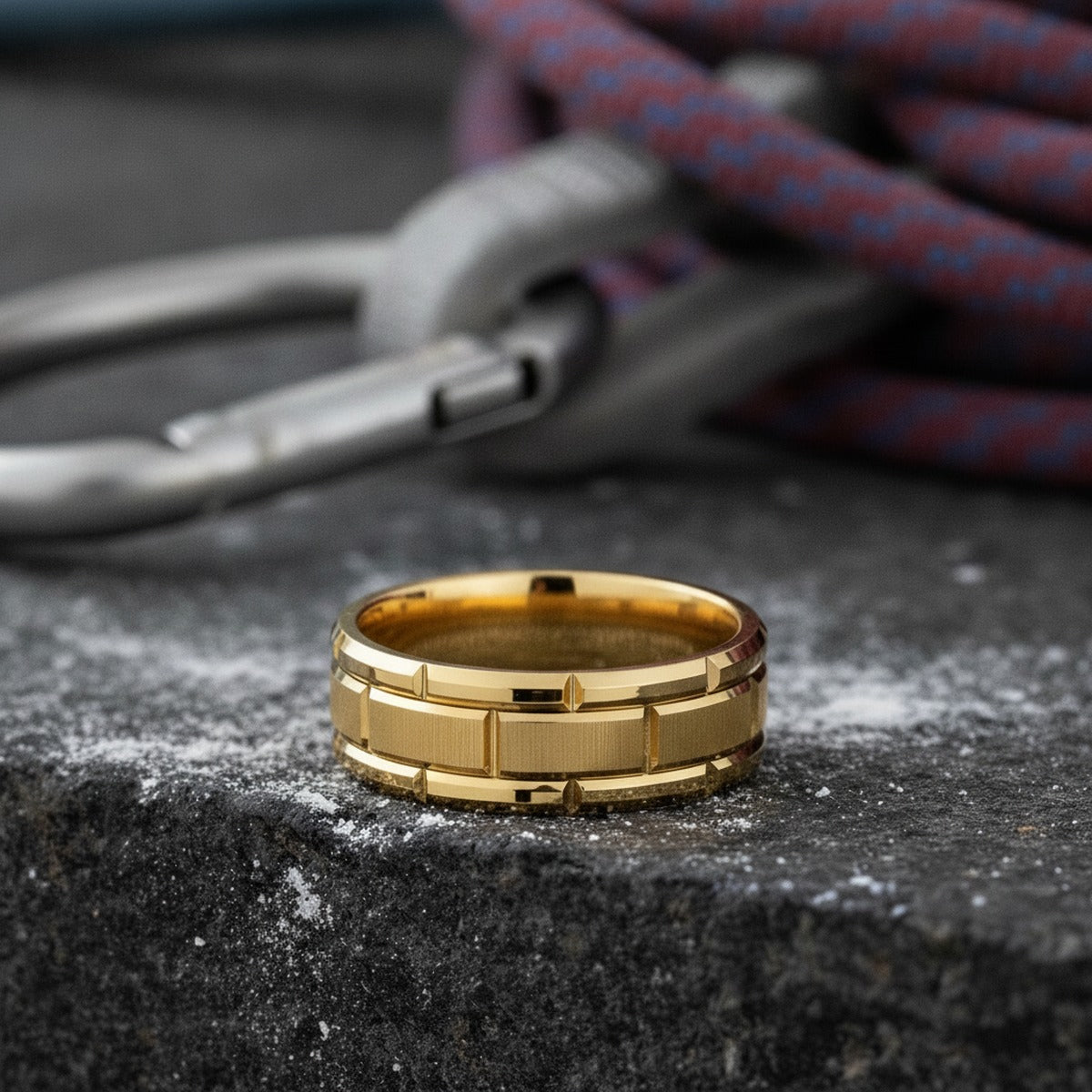 Aydins BRICKCRAFT | Polished Yellow Gold Tungsten Brick Pattern Flat Wedding Ring 8mm lifestyle scene, climbing chalk