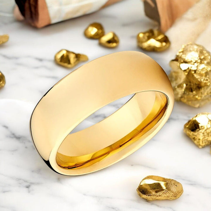 Close-up of Brillium Gold Tungsten Ring with High Polished Finish.