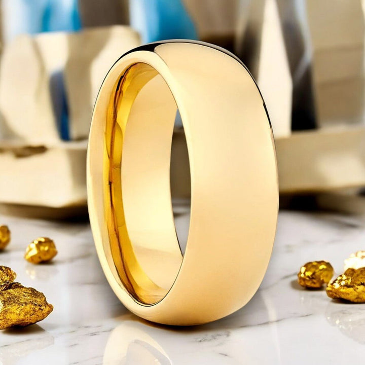 Brillium Gold Tungsten Ring - Shiny High Polished Domed Wedding Band