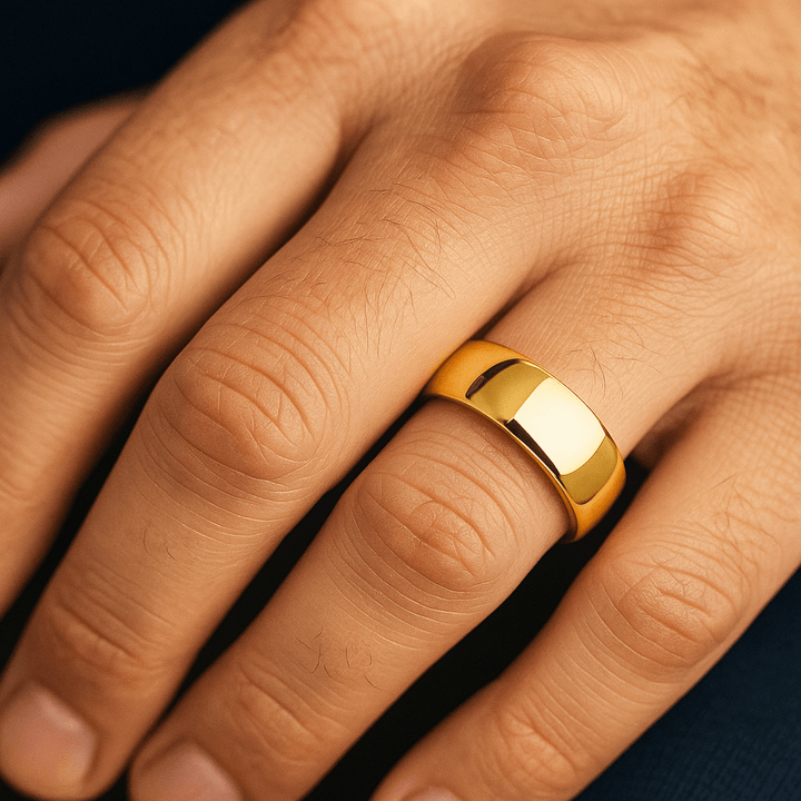 Close-up of 8mm Brillium Gold Tungsten Ring with High Polished Finish on Hand Ring Finger