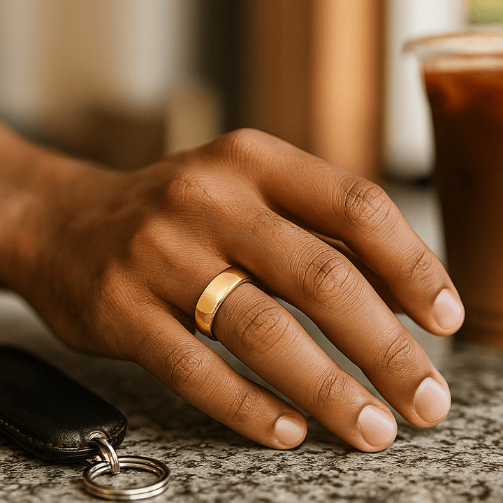 Close-up of Brillium Gold Tungsten Ring with High Polished Finish on ring finger
