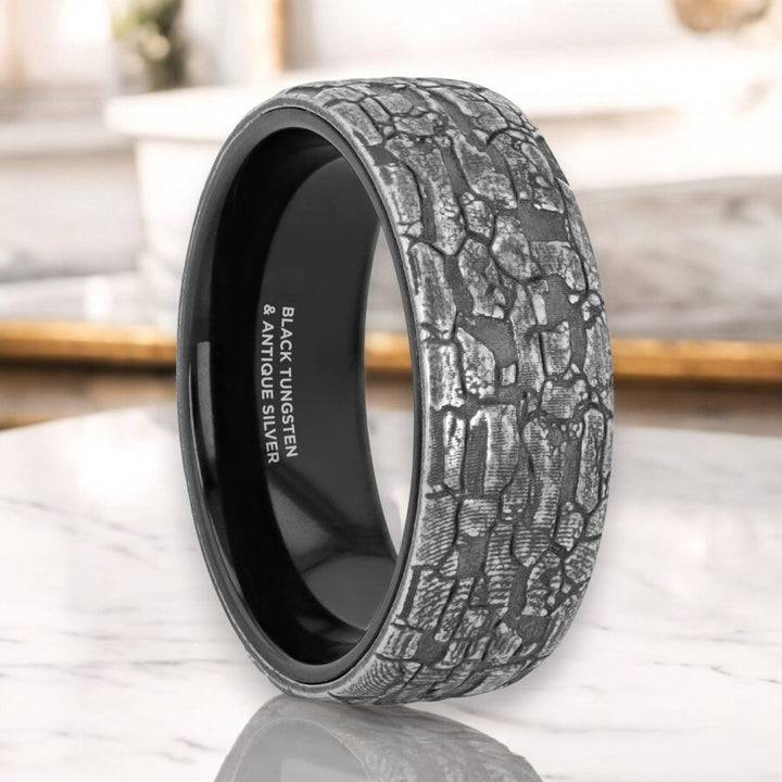 BROOKSTONE Black Tungsten Ring with sterling silver stonework pattern by Aydins Jewelry.