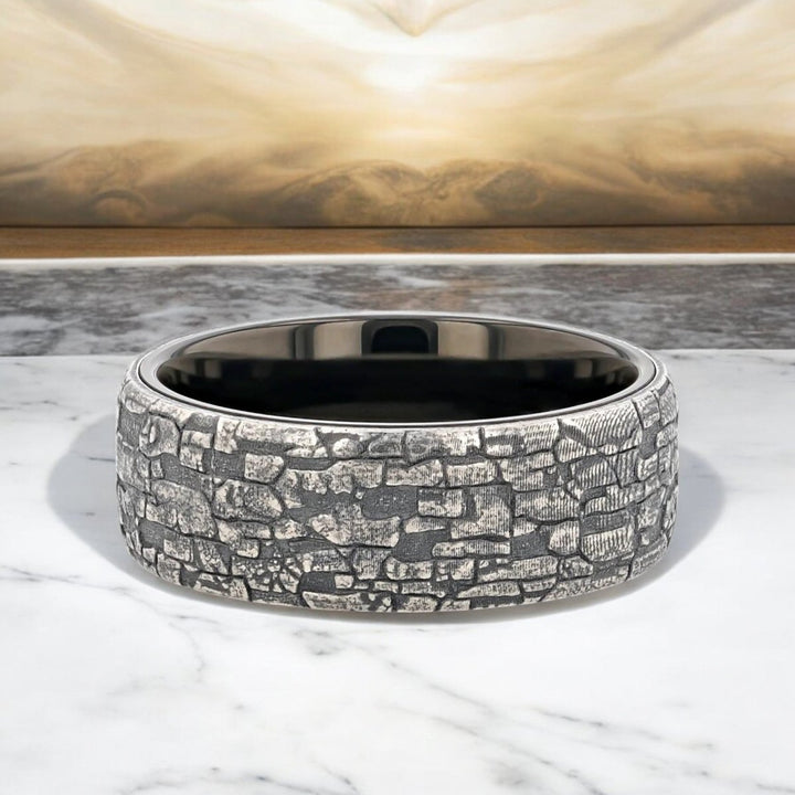 BROOKSTONE Black Tungsten Ring - Unique wedding band with silver stone inlay by Aydins Jewelry.