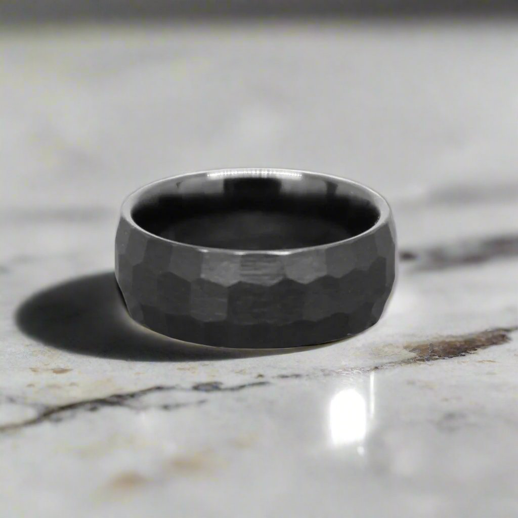 BRUTE | Black Tungsten Ring, Hammered Faceted, Domed - Rings - Aydins Jewelry - 4