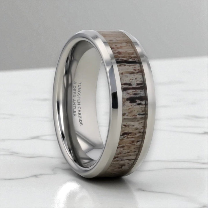 BUCK tungsten ring with ombre deer antler inlay front view