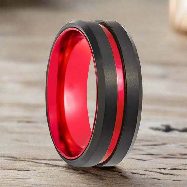 BUGATTI | Red Ring, Black Tungsten, Red Groove, Beveled Edges - Rings - Aydins Jewelry - 1