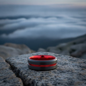 Aydins BUGATTI | Scarlet Red, 6mm Ring lifestyle scene, granite overlook