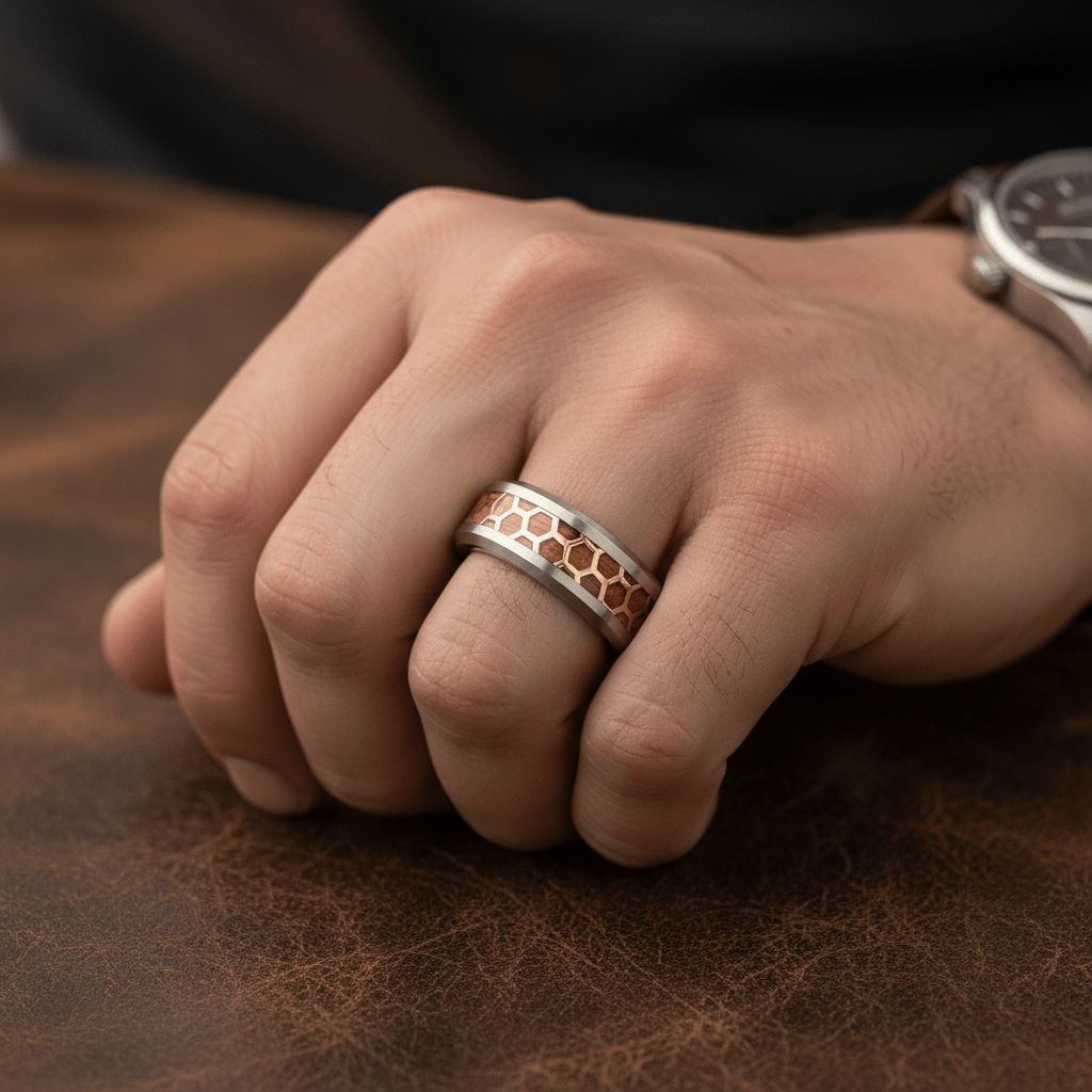 BUZZARD — Lifestyle photo on hand — men's tungsten wedding ring.
