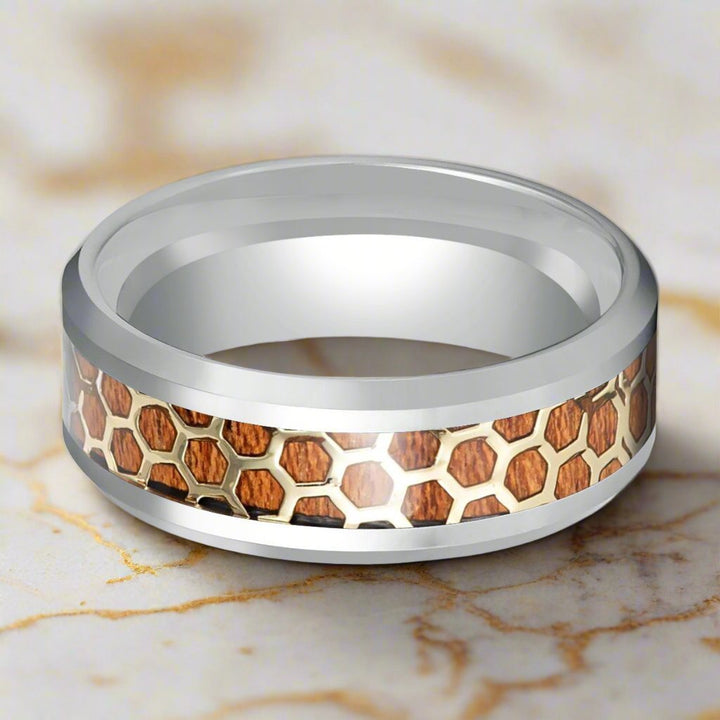 Aydins Jewelry's BUZZARD Ring - Beveled Edge and Unique Rosewood Honeycomb Design