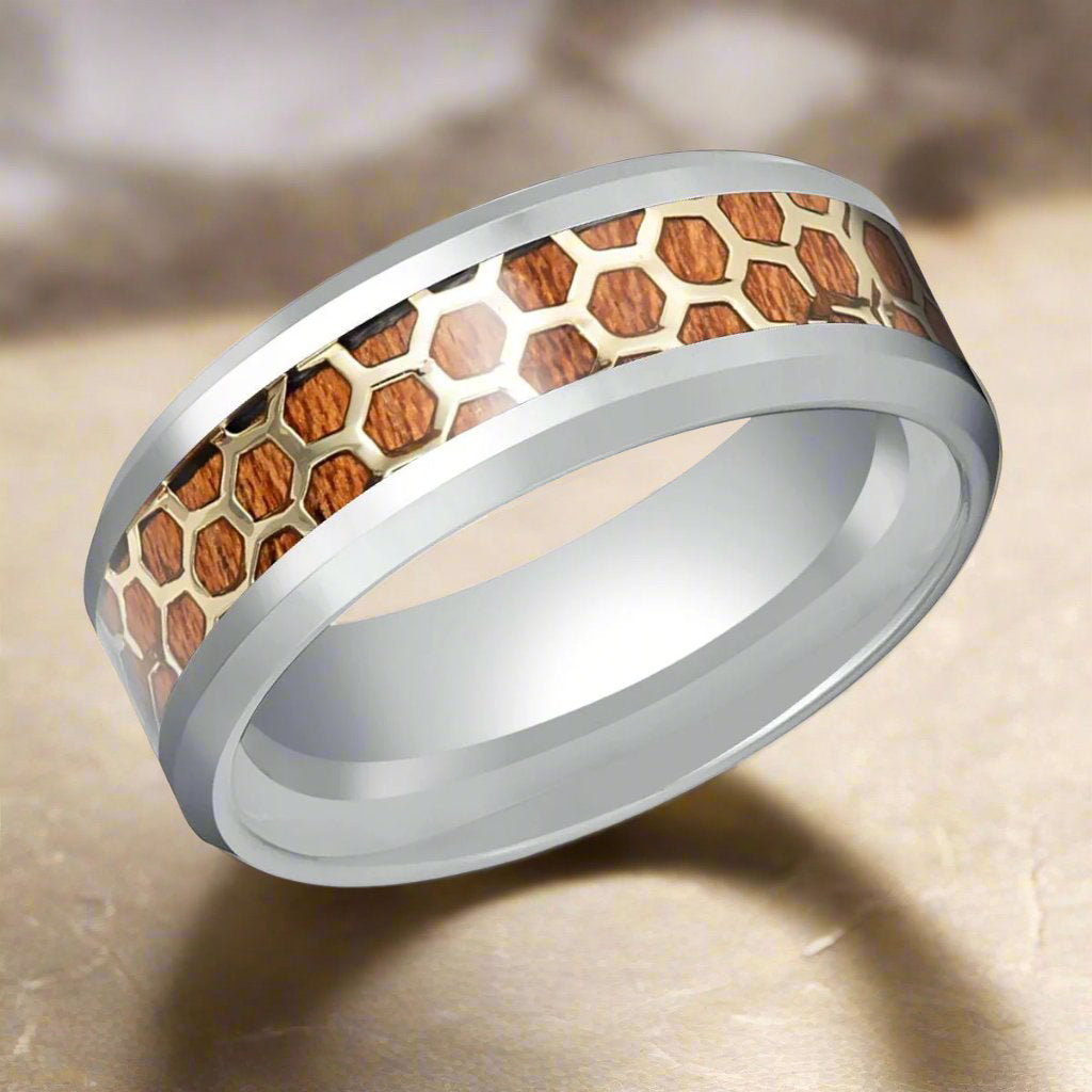 Close-Up of BUZZARD Ring - Silver Tungsten with Honeycomb Rosewood Inlay