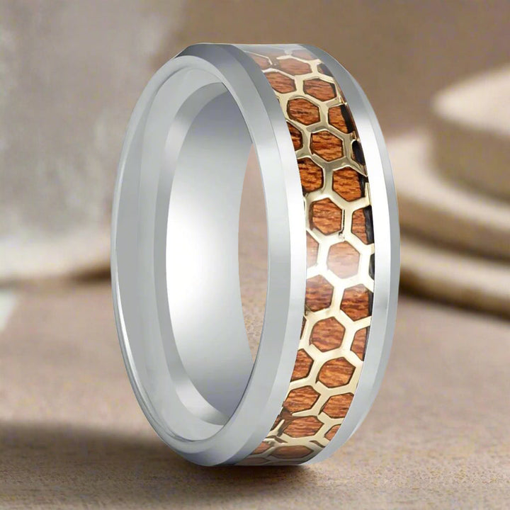 BUZZARD Silver Tungsten Ring with Honeycomb Rosewood Inlay - Side View