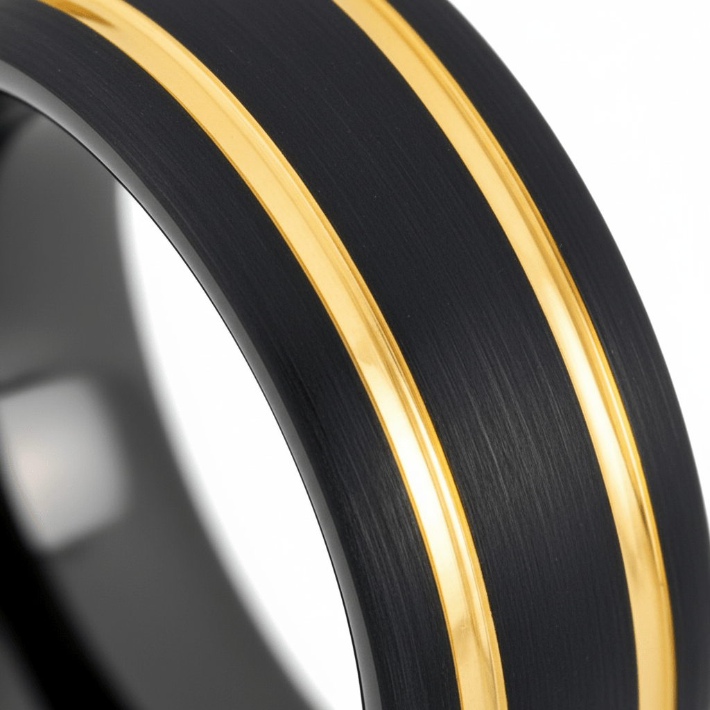 CALLISTO — Extreme macro detail — men's tungsten wedding ring.
