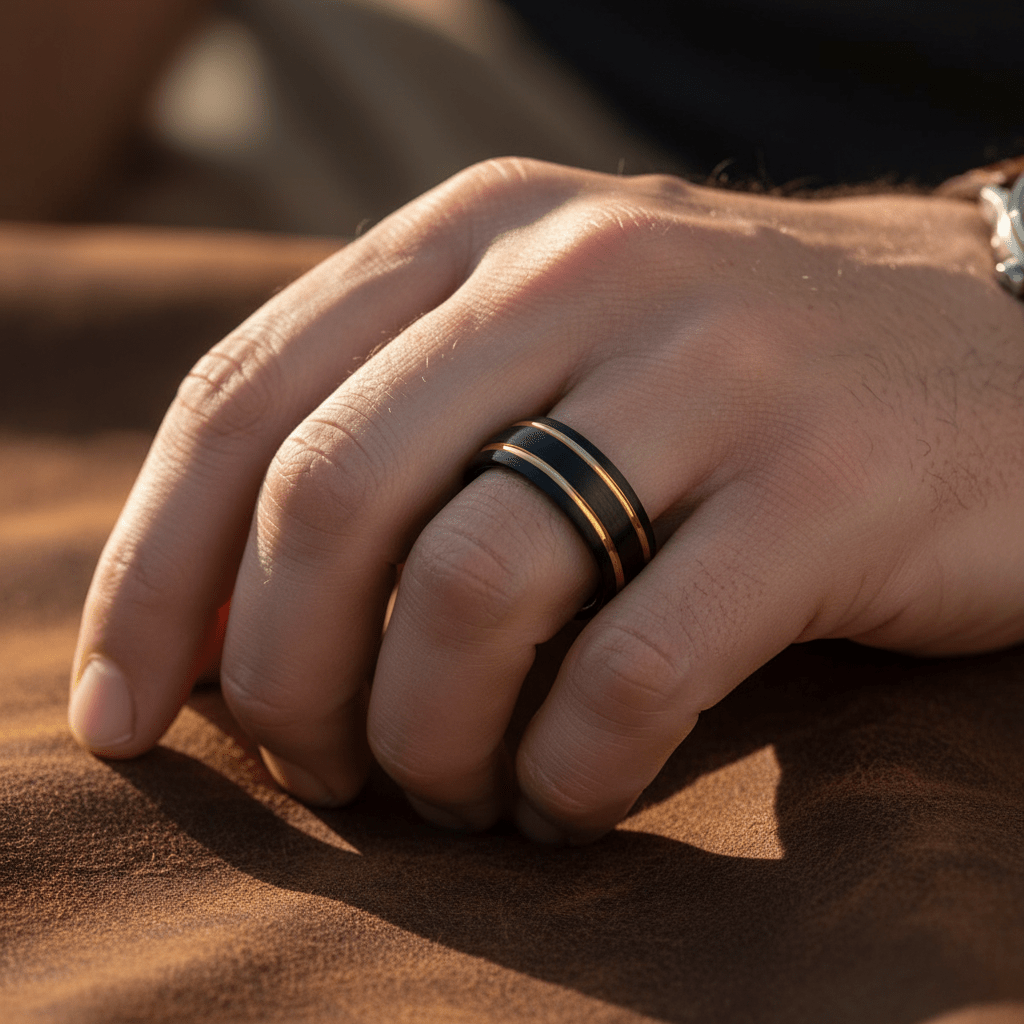 CALLISTO — Lifestyle photo on hand — men's tungsten wedding ring.