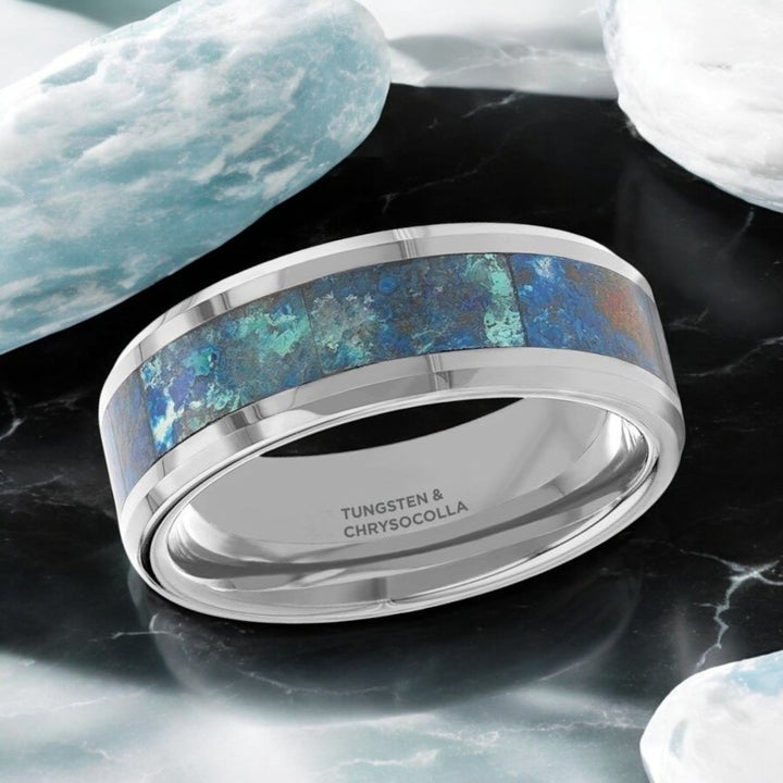 CALYPSO tungsten wedding band featuring vibrant Chrysocolla inlay and sleek beveled edges - Aydins Jewelry.