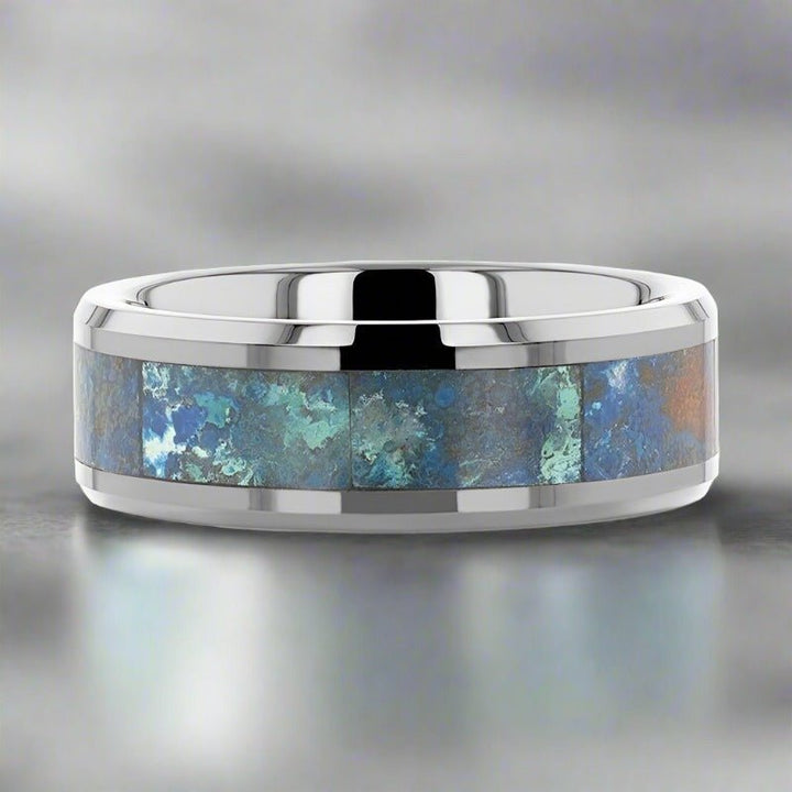 Modern tungsten carbide ring with Chrysocolla inlay and comfort-fit design - Aydins Jewelry.