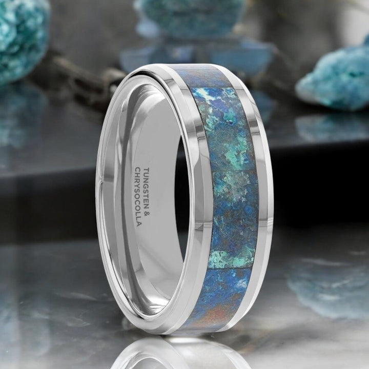 Silver tungsten ring with Chrysocolla inlay and beveled edges, 8mm width - Aydins Jewelry.