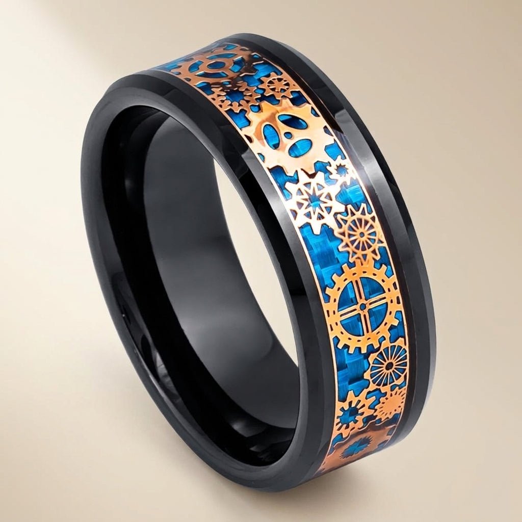 CARBULEUM polished black tungsten ring with rose gold steampunk gears and blue carbon fiber inlay, 8mm beveled wedding band, studio hero shot