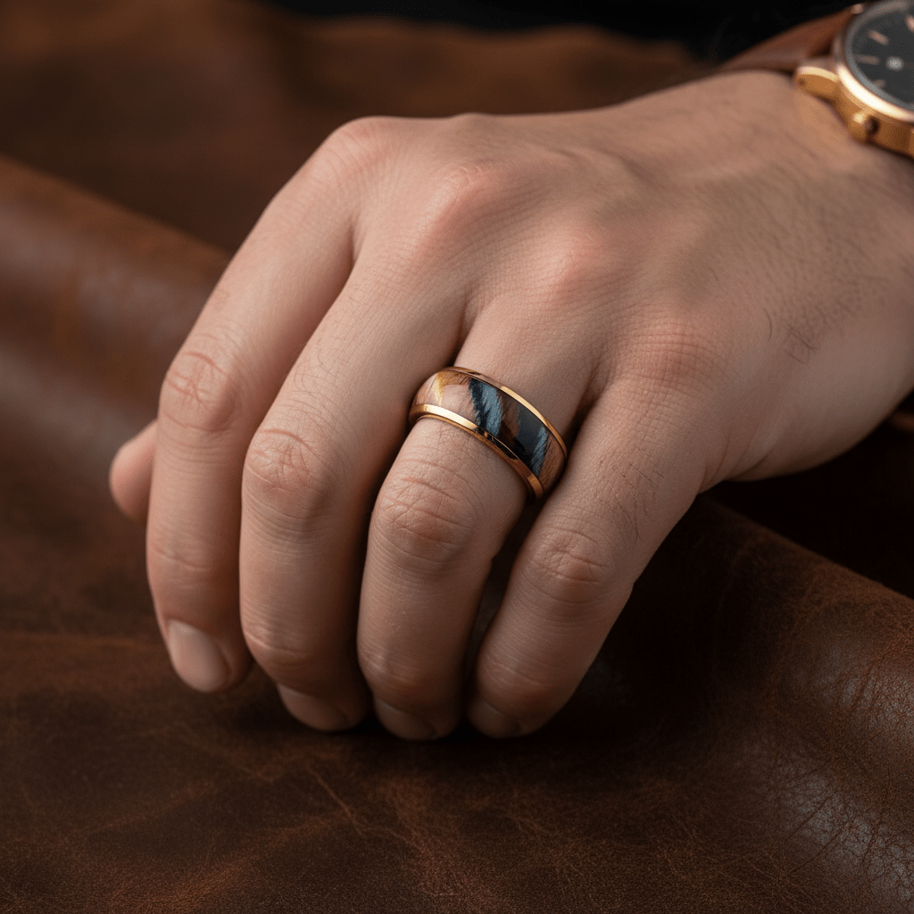 CARVEDEN — Lifestyle photo on hand — men's tungsten wedding ring.