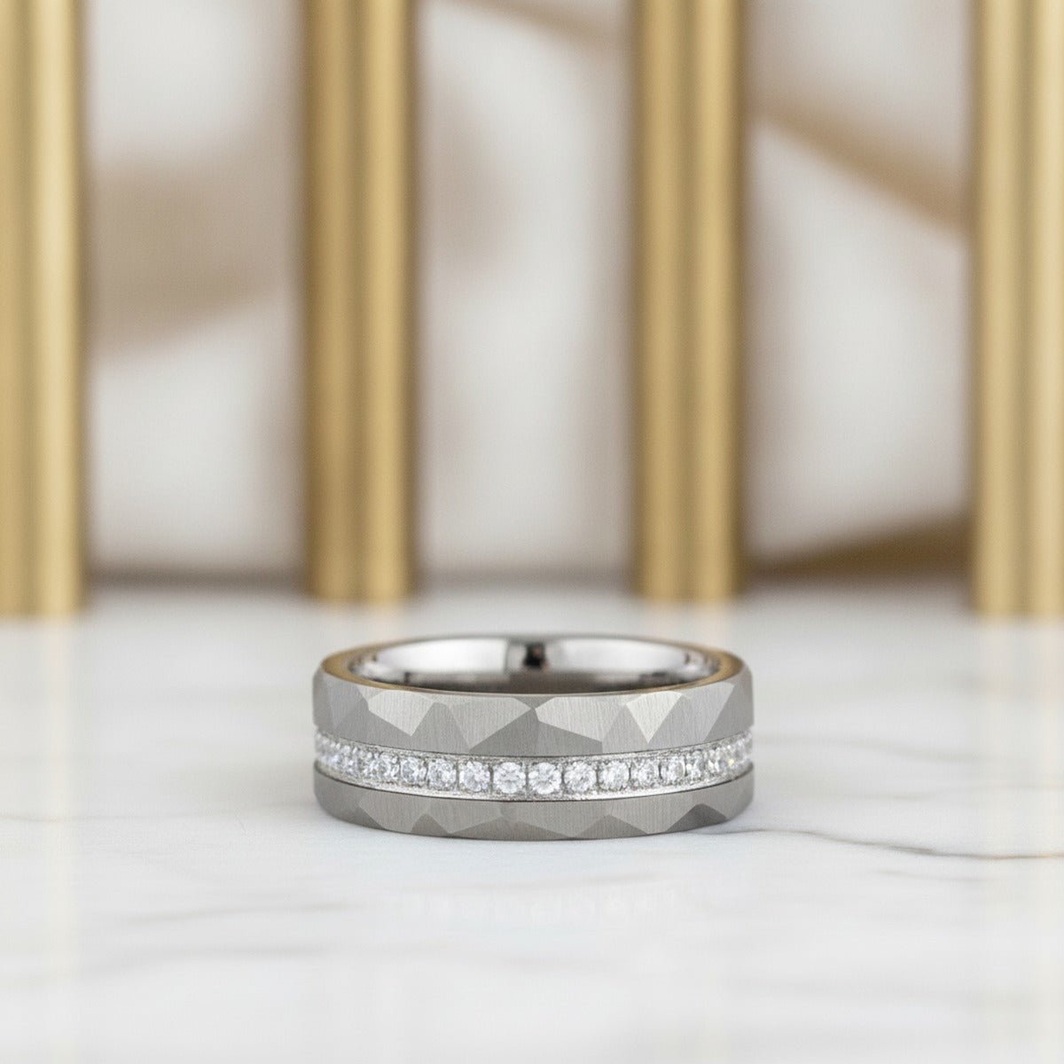 Aydins CASCADE | Hammered Silver Tungsten White CZ Accent Flat Wedding Ring 8mm lifestyle scene, marble minimal