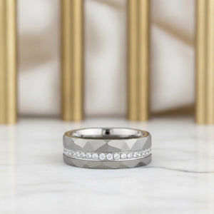 Aydins CASCADE | Hammered Silver Tungsten White CZ Accent Flat Wedding Ring 8mm lifestyle scene, marble minimal