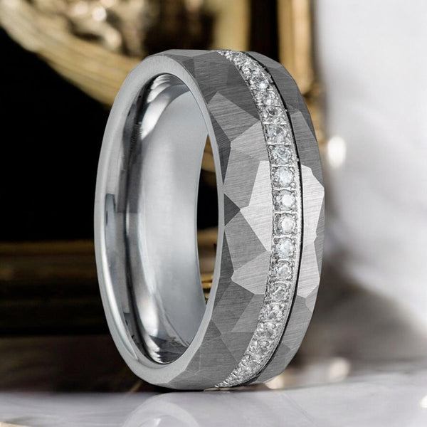 CASCADE Silver Tungsten Ring with Hammered Finish and White CZ Inlay - Aydins Jewelry.