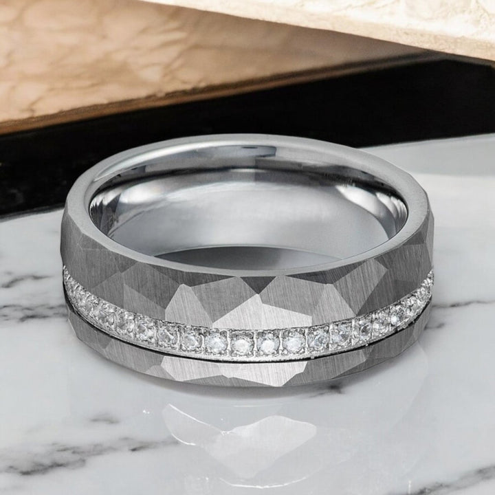 CASCADE 8mm Tungsten Comfort-Fit Ring with white CZ accents.