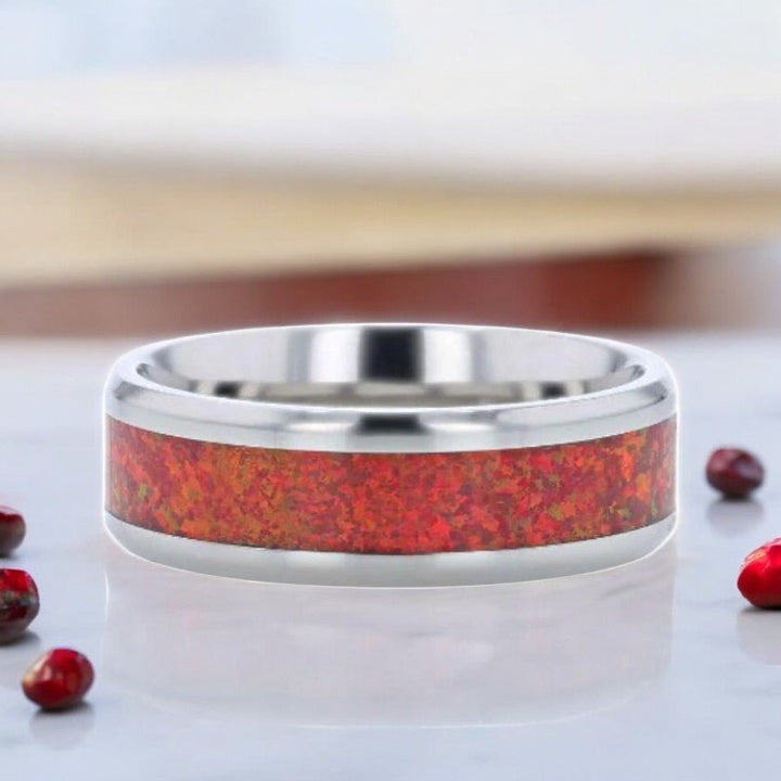 Elegant titanium wedding band with vibrant red opal inlay and polished edges, 8mm - Aydins Jewelry.