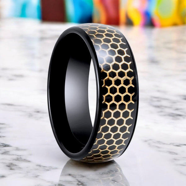 CASTORLAND | Black Tungsten Ring, Gold Honeycomb Inlay, Domed