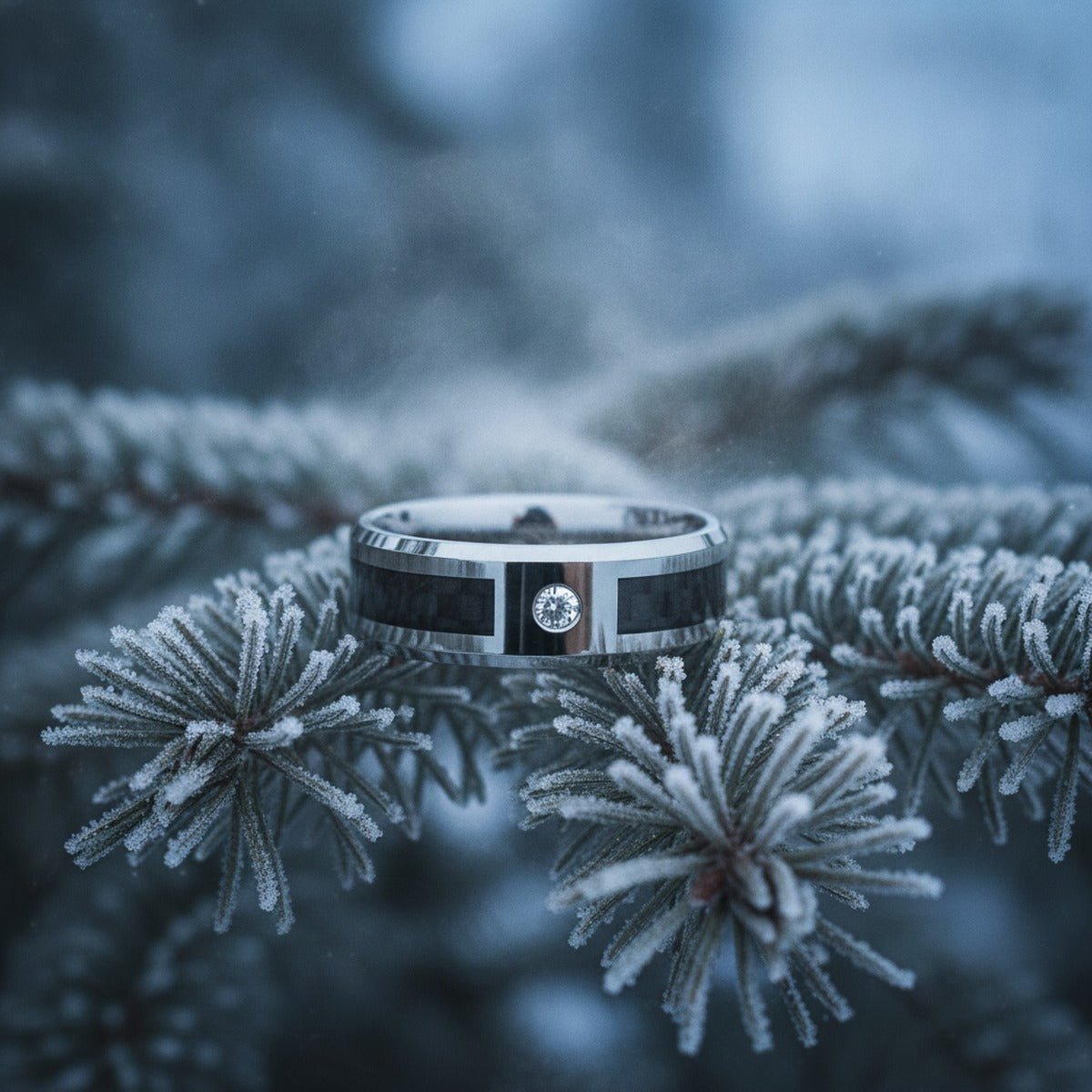 Aydins CAYMAN | Silver Tungsten Ring, Black Carbon Fiber, Diamond, Beveled lifestyle scene, evergreen frost