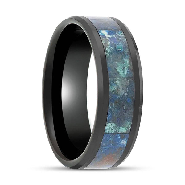 CELADON | Black Ceramic Ring, Chrysocolla Inlay, Beveled - Rings - Aydins Jewelry - 1